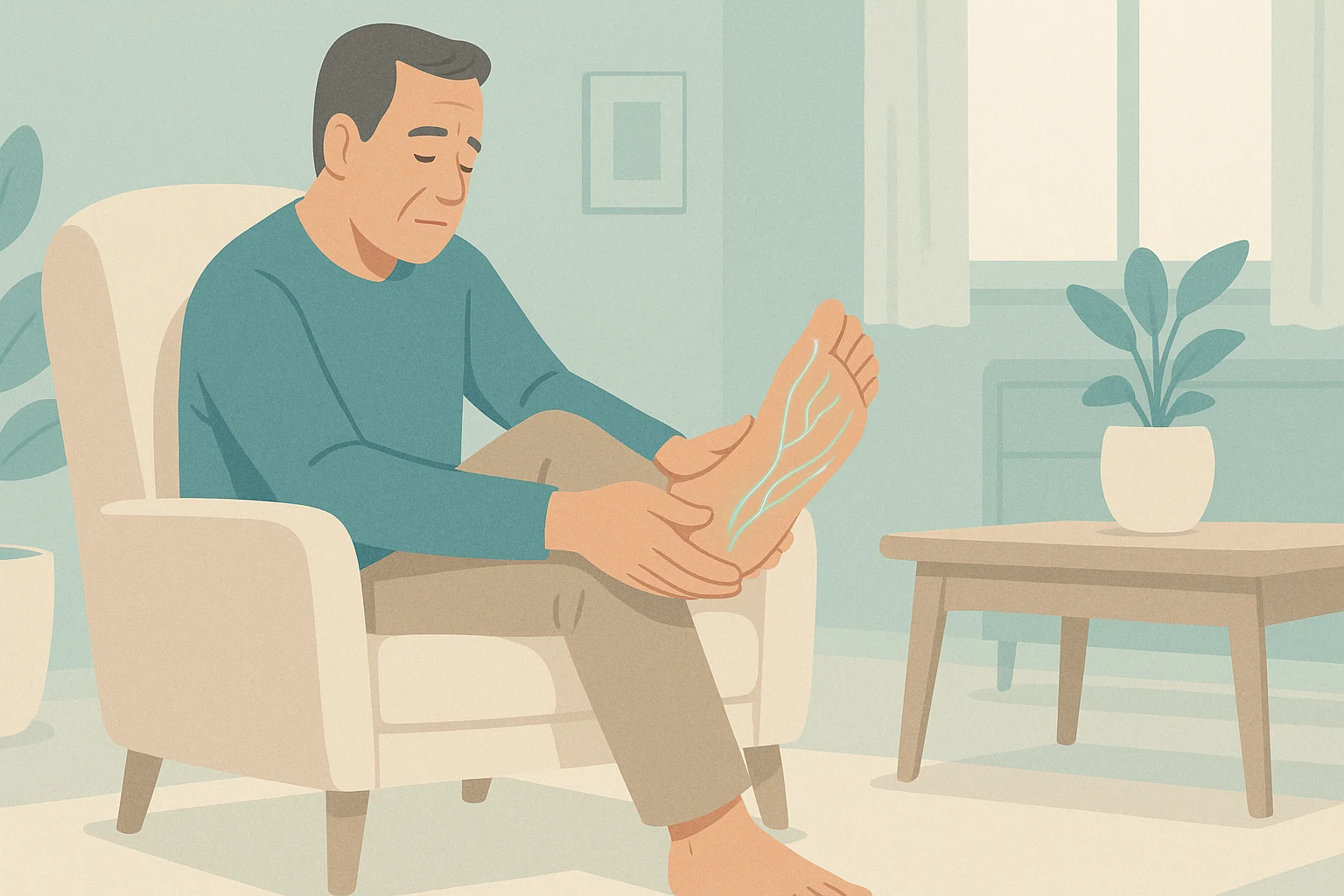 Illustration of an adult in an armchair rubbing the sole of one foot, with faint lines tracing the nerves to suggest tingling and numbness