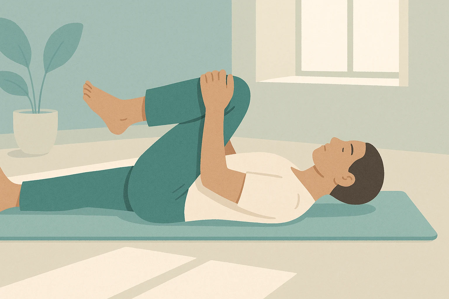 A person on a yoga mat doing a gentle knee-to-chest stretch on the floor in a calm, sunlit room
