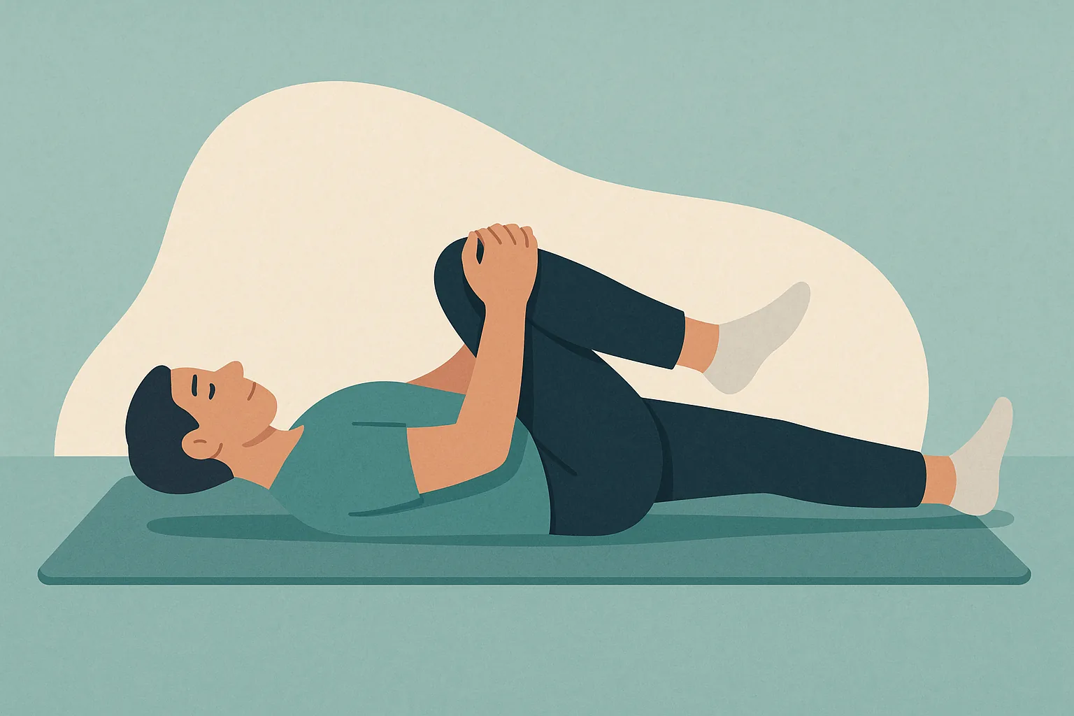 A calm illustration of a person doing a gentle knee-to-chest stretch on a mat, in teal and navy tones