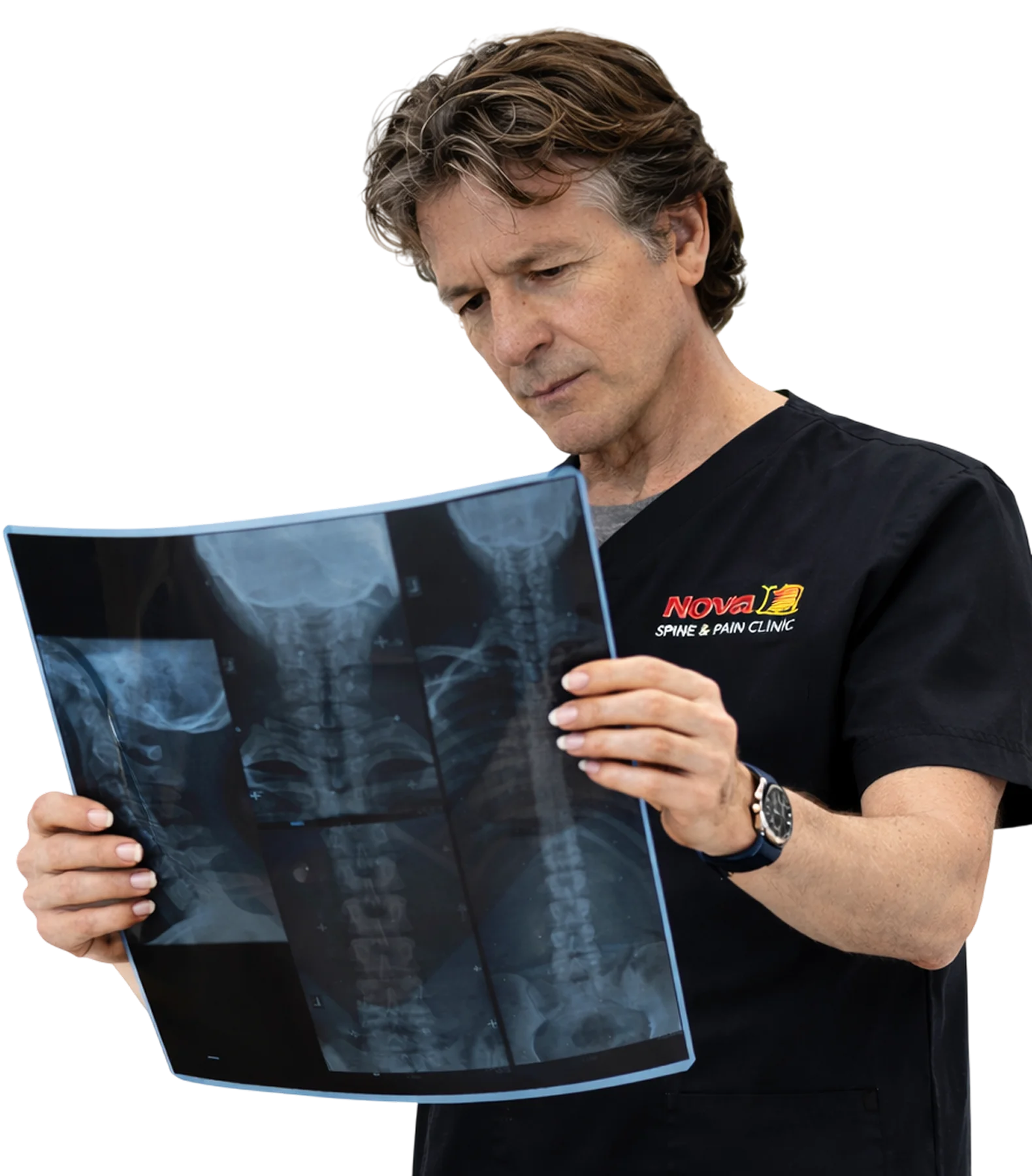 Dr. Mark reviewing a patient's spinal X-ray to determine the best spinal decompression treatment plan at Novare Injury Care.
