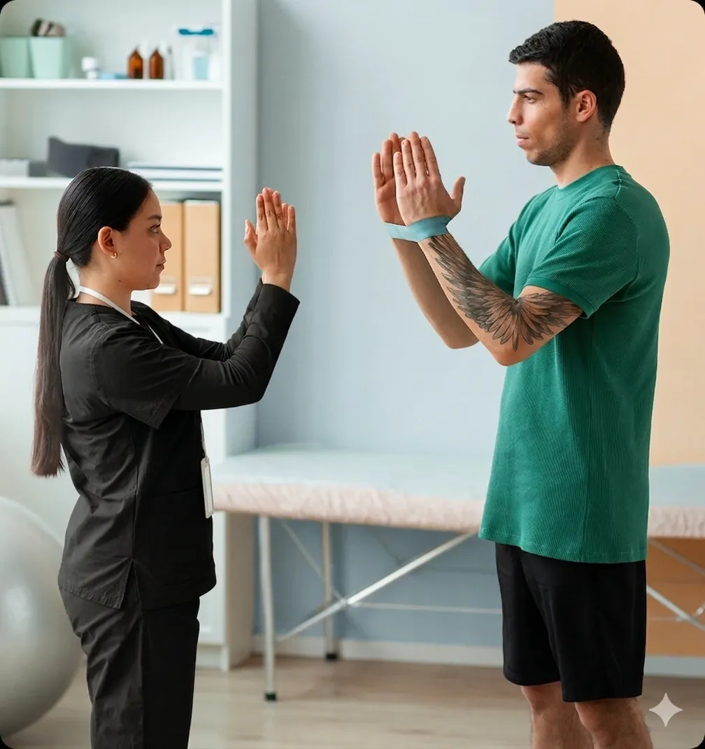 Two people performing physical therapy exercises in a Fort Myers clinic by Novare Injury Care.