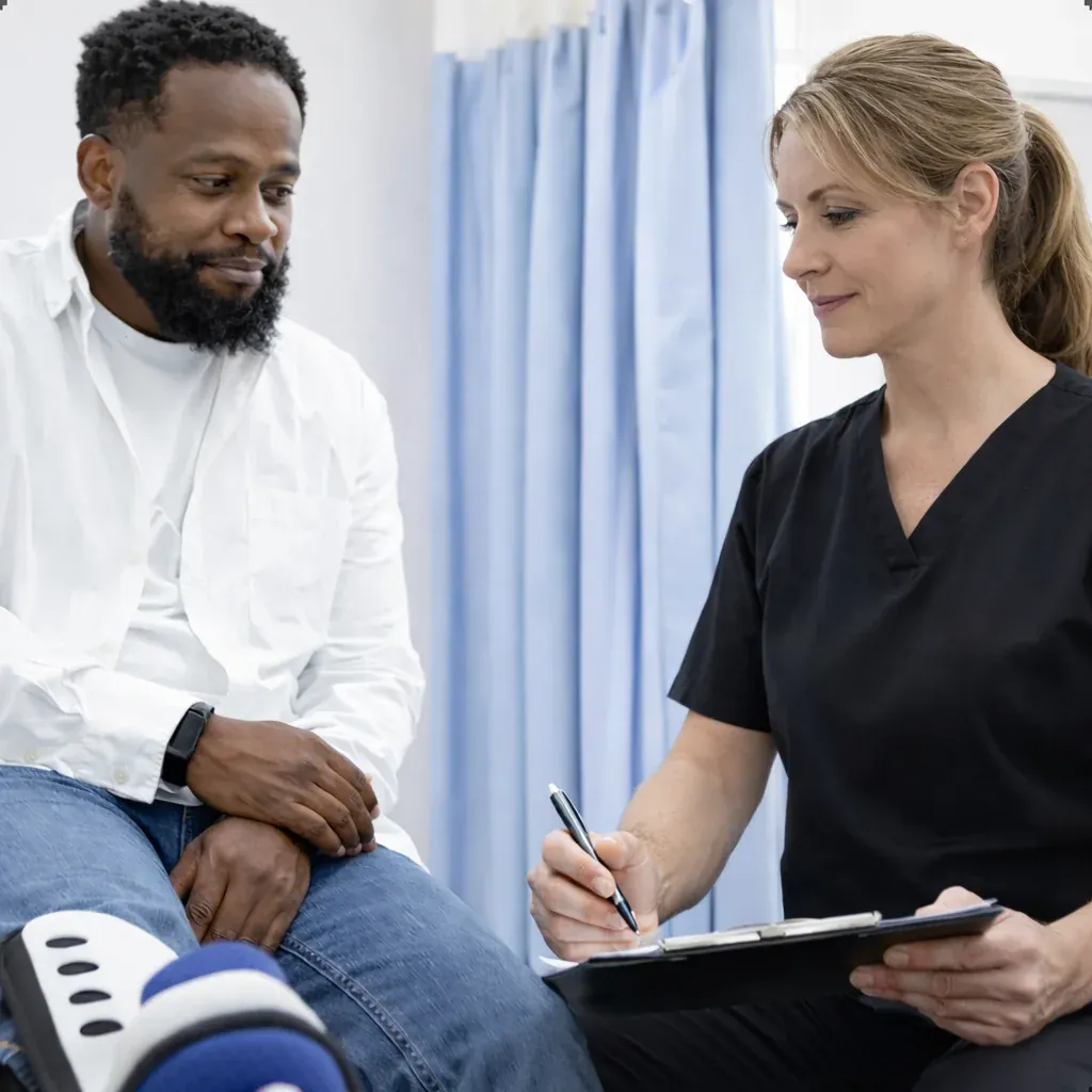 Healthcare provider taking patient notes during consultation at Novare Injury Care in Fort Myers.