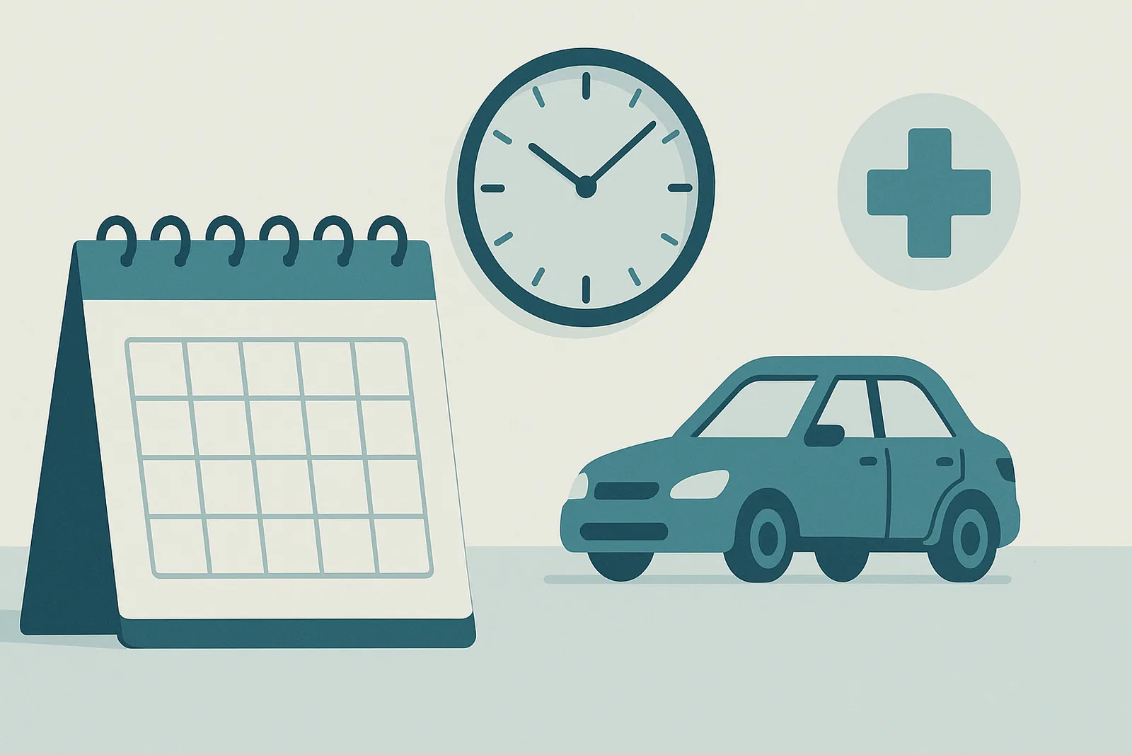 A calendar and a clinic clock representing Florida's 14-day PIP deadline after a car accident, in teal and navy tones