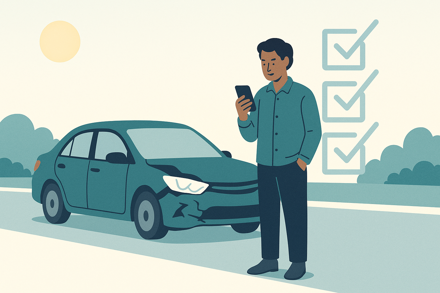 A calm illustration of the steps to take after a minor car accident, in teal and navy tones