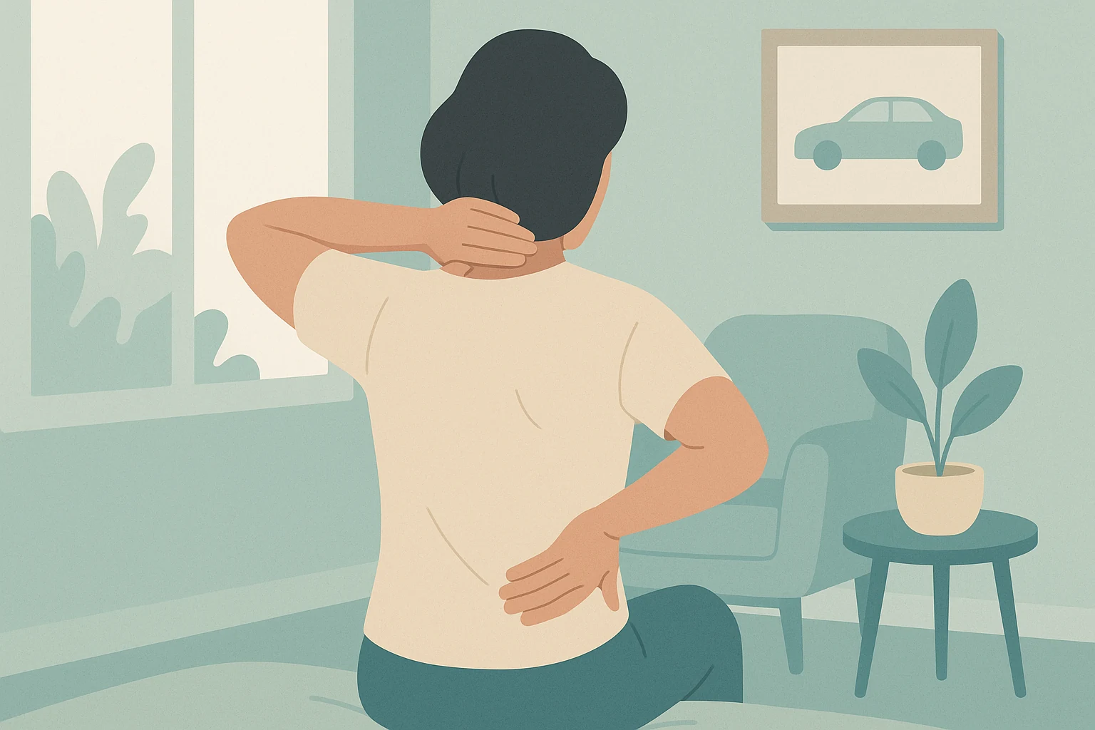 A person holding their lower back and neck a few days after a car accident, seated at home in soft daylight