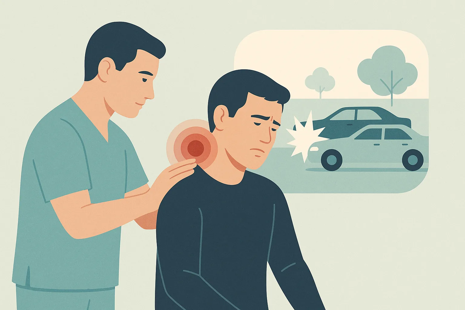 An illustration showing how pain from a car accident can surface a few days later, in teal and navy tones