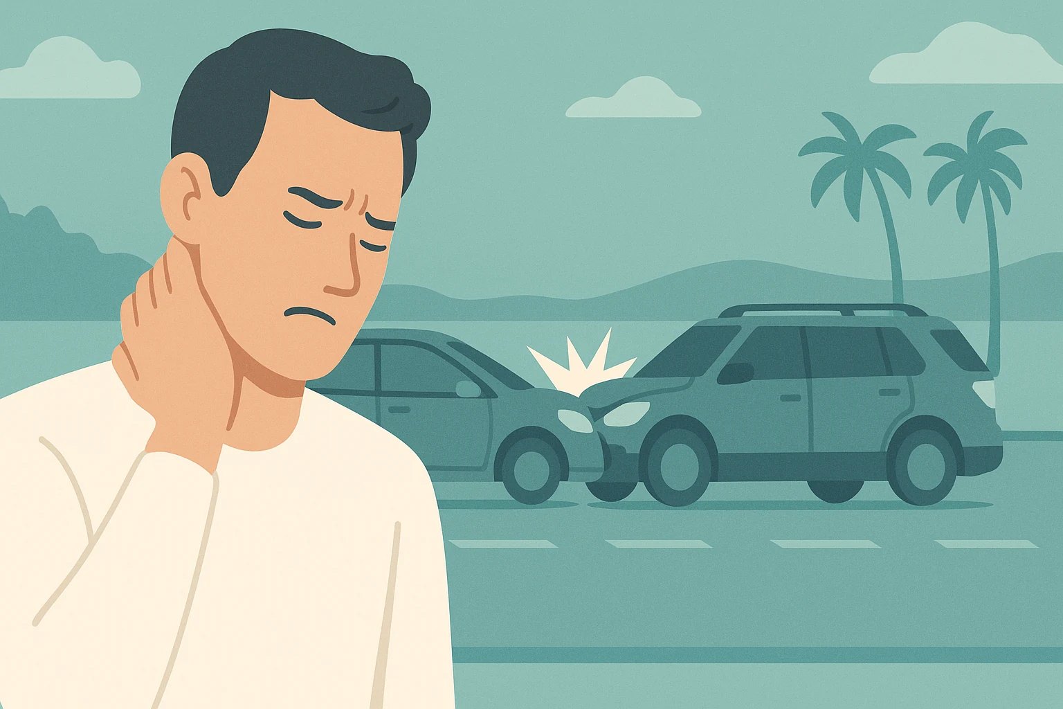 A person holding the back of their head with a tense expression after a minor collision on a Southwest Florida road