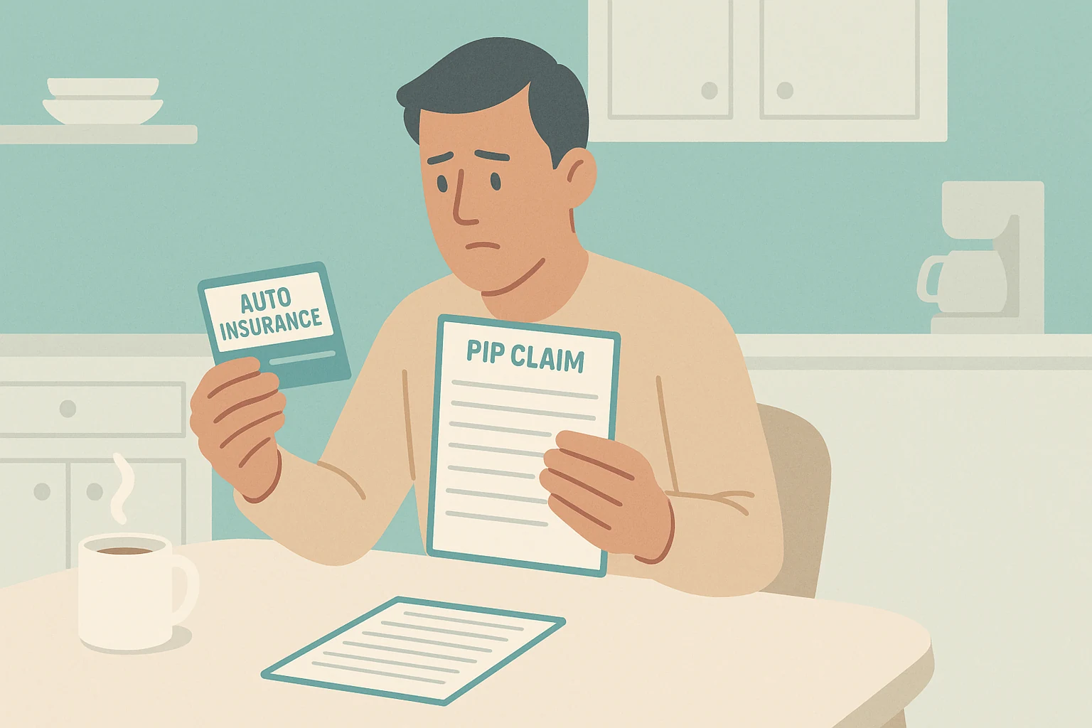 A driver reviewing an auto insurance card and a PIP claim form at a kitchen table after a Florida car accident