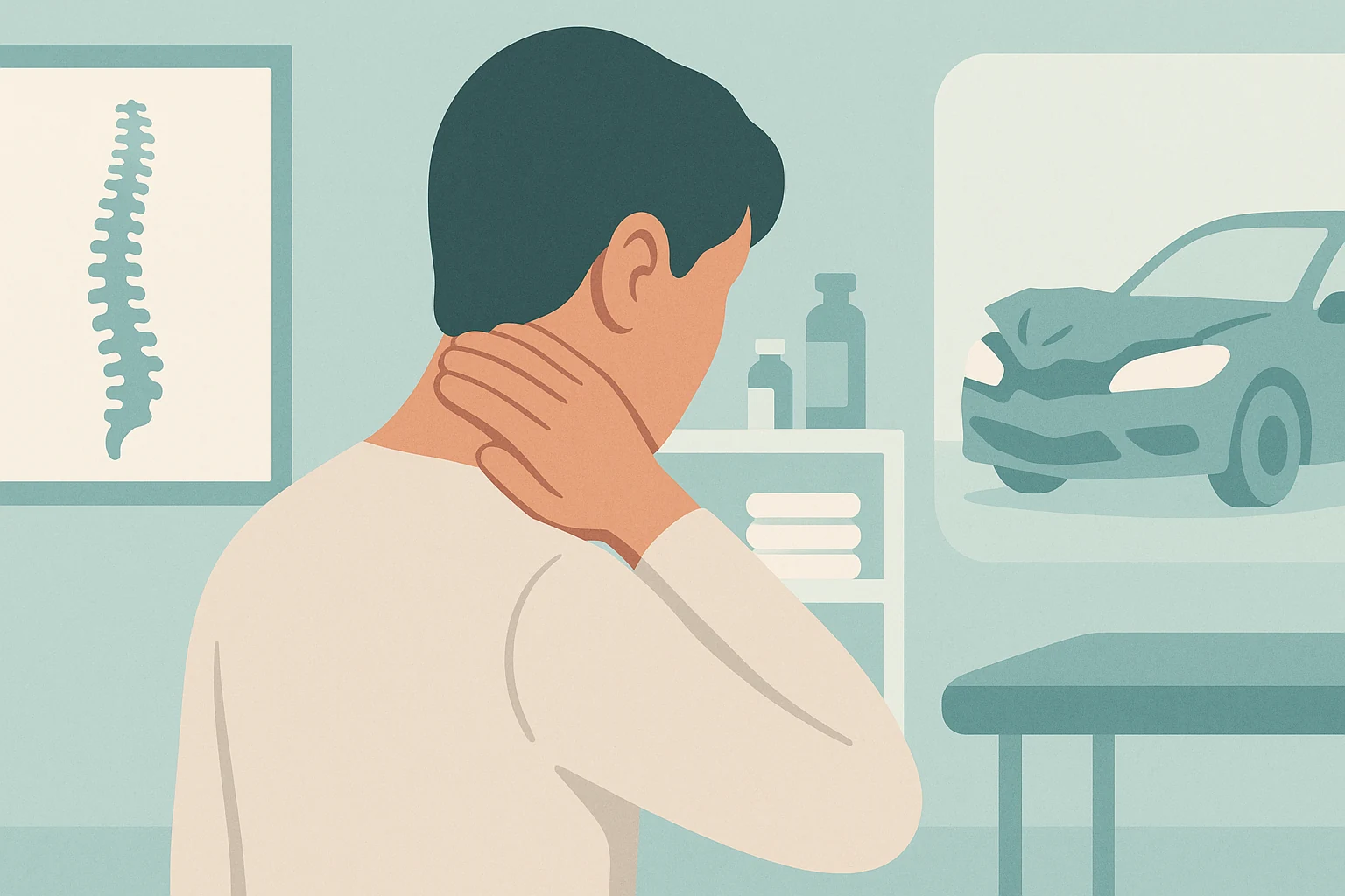 A person gently holding the side of their neck after a car accident, with a calm clinical setting in the background