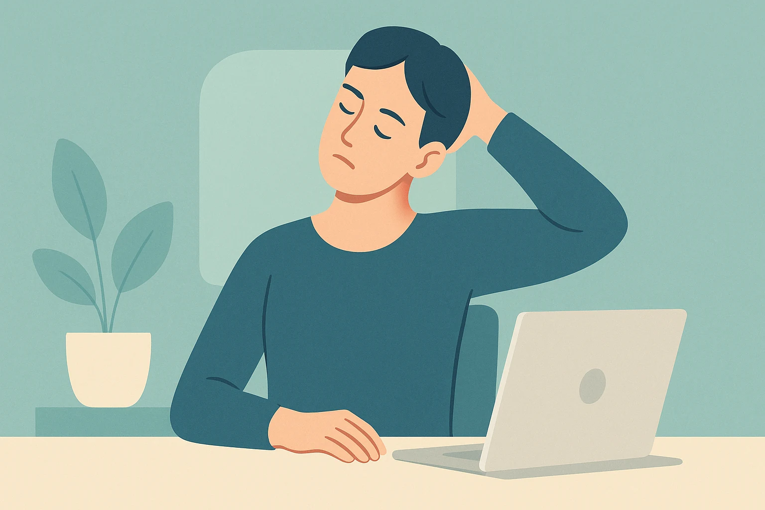 A person gently stretching the neck at a desk to relieve pinched-nerve pain, calm teal and navy tones