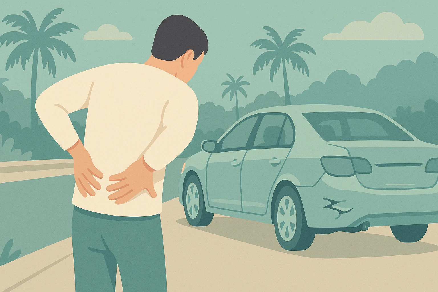 A person holding their lower back with both hands after a car accident, standing beside a car on a Southwest Florida street in soft daylight