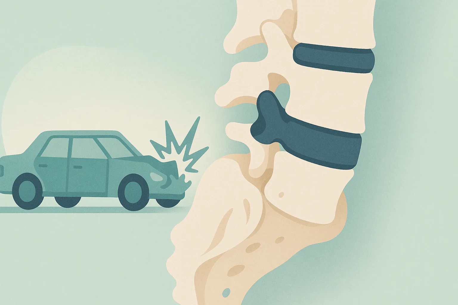 An illustration of the lower spine after a car accident showing the facet joints, a disc, and the SI joint, in teal and navy tones