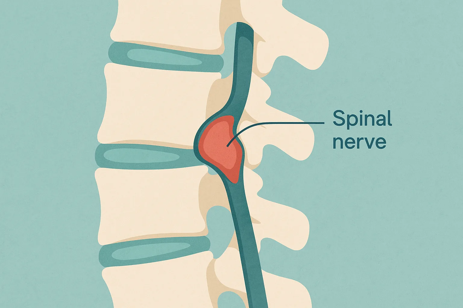 Illustration showing a lumbar spinal segment with a herniated disc pressing on a spinal nerve root, labeled in teal and navy
