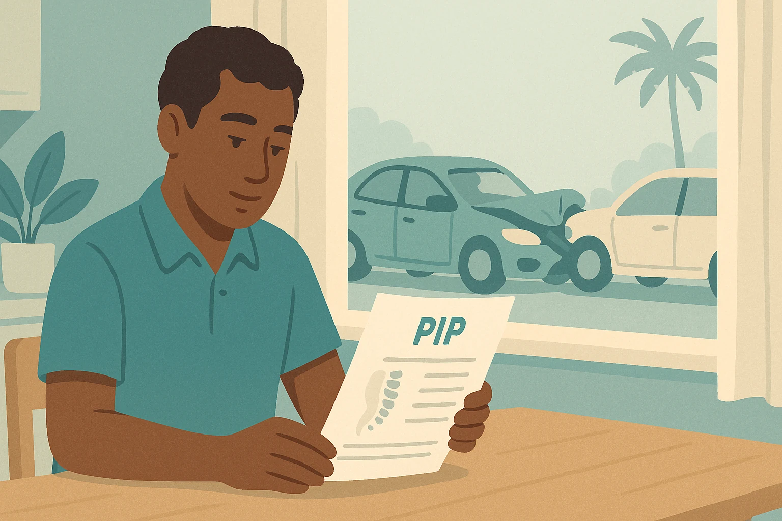 A Florida driver reviewing a PIP insurance policy statement at a kitchen table after a minor car accident