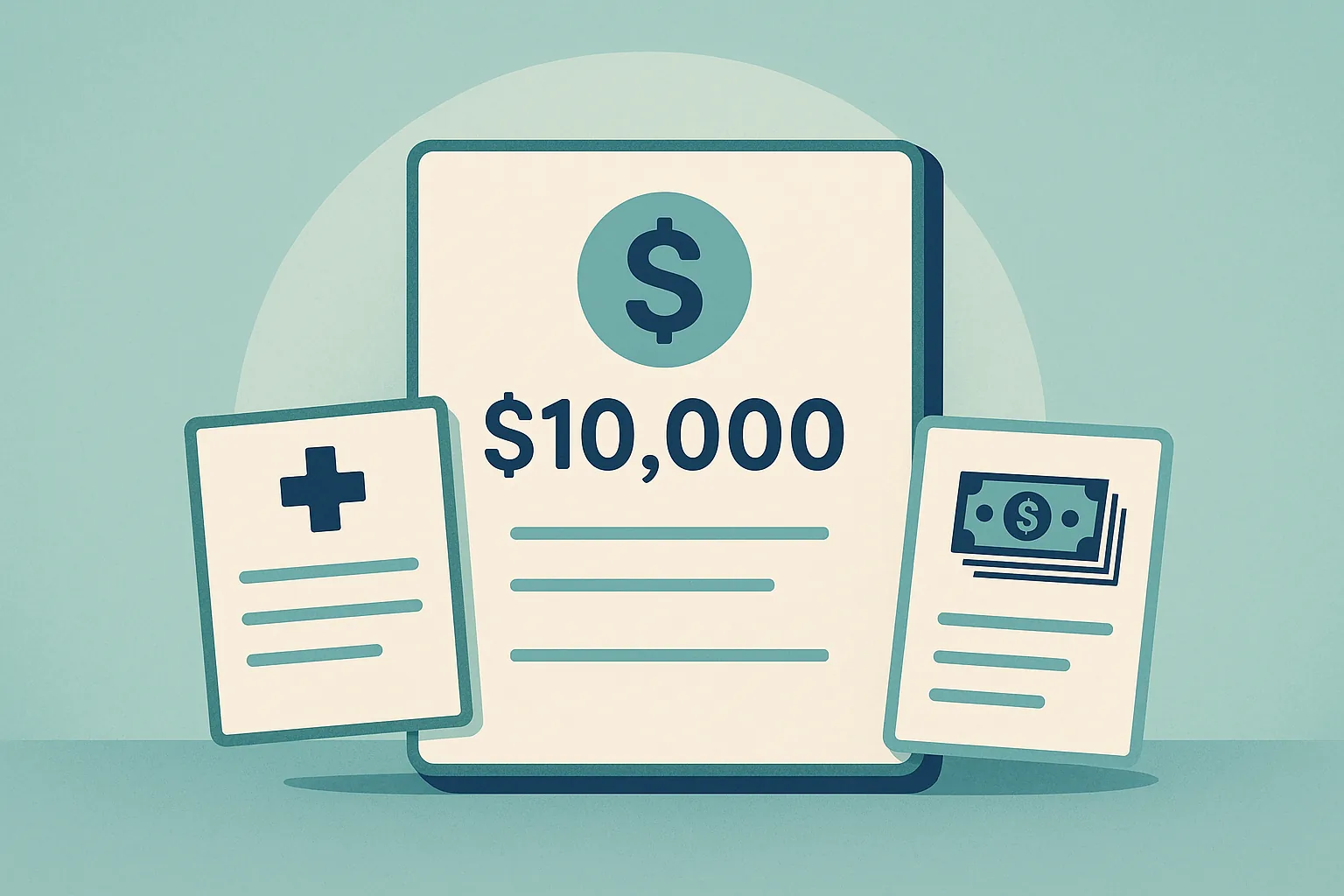 A calm illustration of a Florida PIP insurance policy showing medical bills and lost wages inside a $10,000 coverage limit, in teal and navy tones